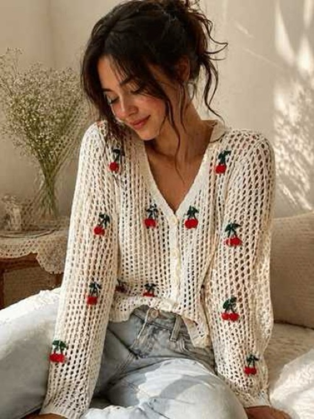 Women’s Rebellion Cream Open-Knit Cherry Embroidered Cardigan Sweater Large